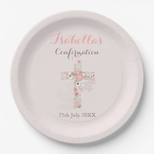 Blush pink floral cross name girl confirmation  paper plate