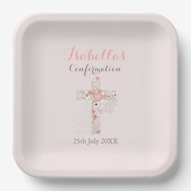 Blush pink floral cross name girl confirmation   paper plate (Front)
