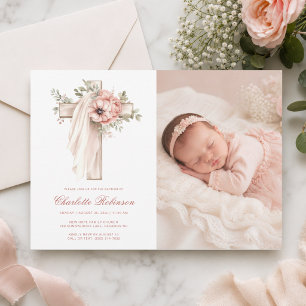 Blush Pink Floral Cross Photo Baptism  Invitation