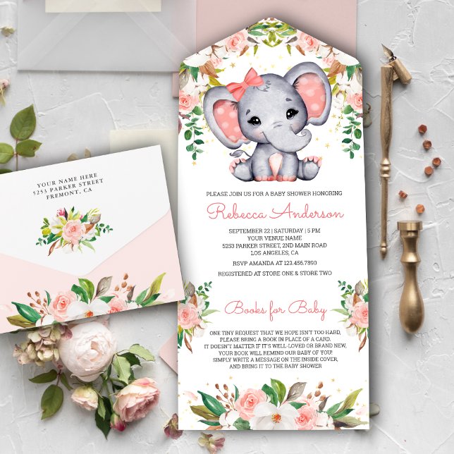 Blush Pink Floral Cute Elephant Baby Shower All In One Invitation (Creator Uploaded)