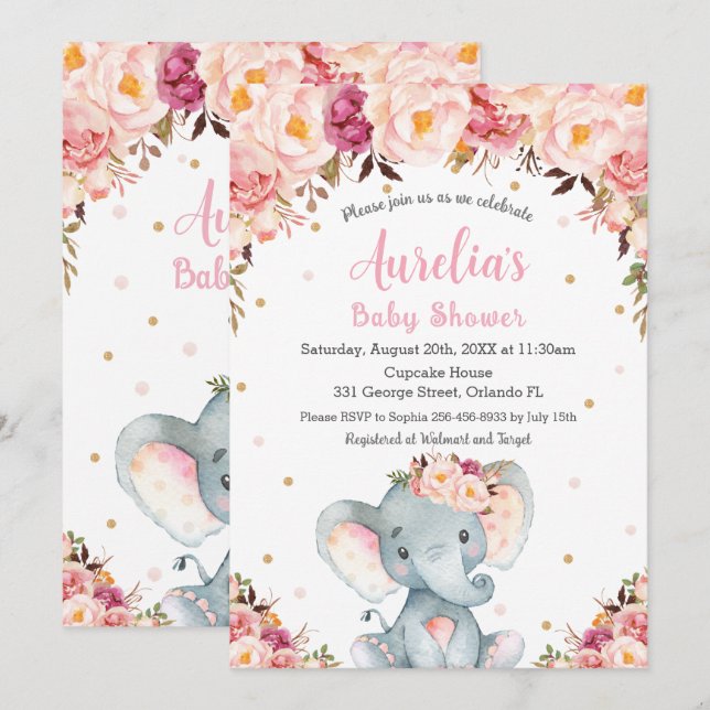 Blush Pink Floral Cute Elephant Baby Shower Girl Invitation (Front/Back)