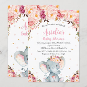 Blush Pink Floral Cute Elephant Baby Shower Girl Invitation