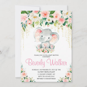 Blush Pink Floral Cute Elephant Baby Shower Invitation