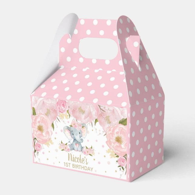 Blush Pink Floral Cute Elephant Birthday Thank You Favour Box (Front Side)