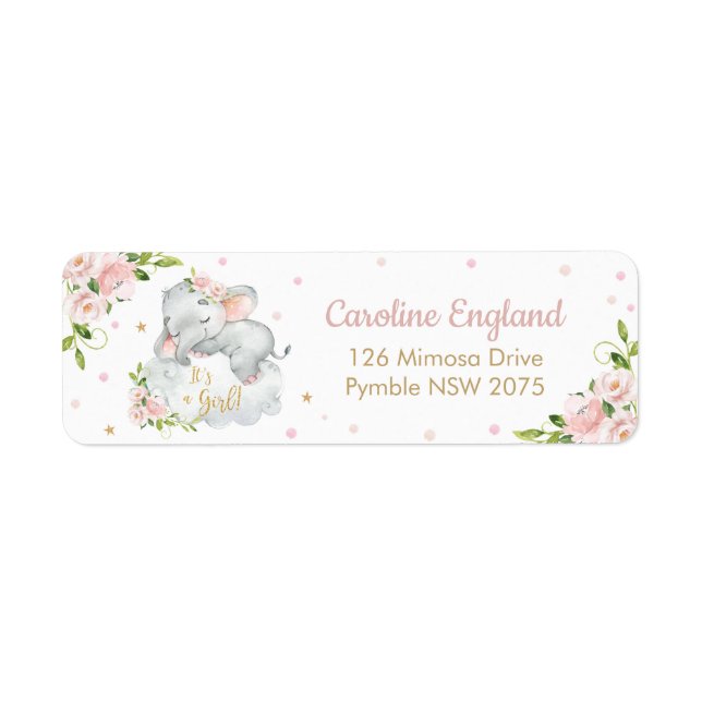 Blush Pink Floral Cute Elephant Return Address Label (Front)