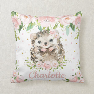 Blush Pink Floral Cute Hedgehog Girl Nursery Cushion