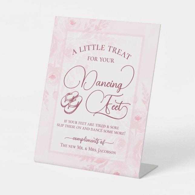 Blush Pink Floral Dancing Feet Flip Flop Wedding  Pedestal Sign (Front)