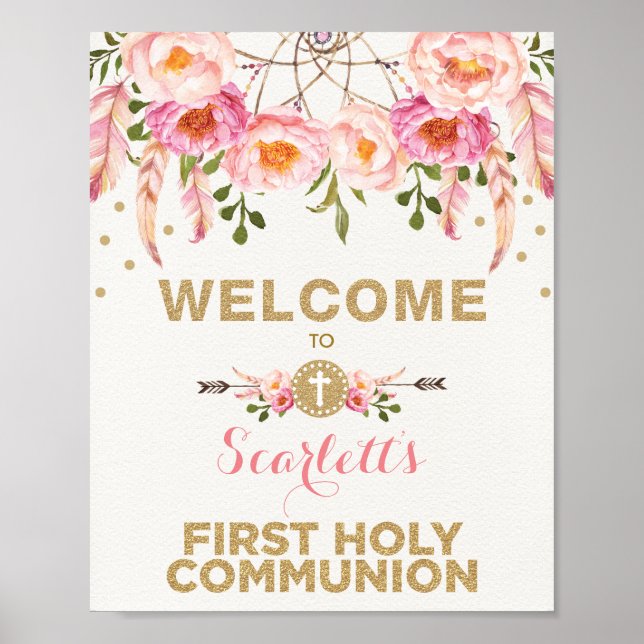 Blush Pink Floral Dreamcatcher Communion Welcome Poster (Front)