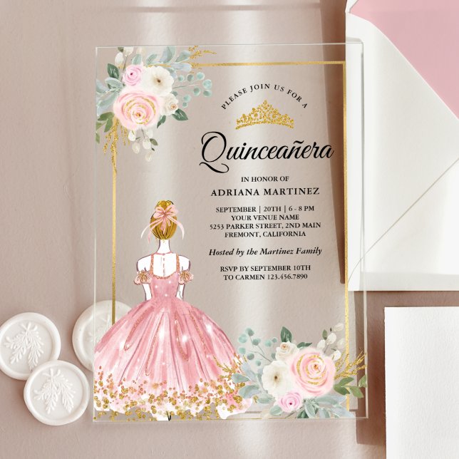 Blush Pink Floral Dress Princess Gold Quinceanera Acrylic Invitations (Creator Uploaded)