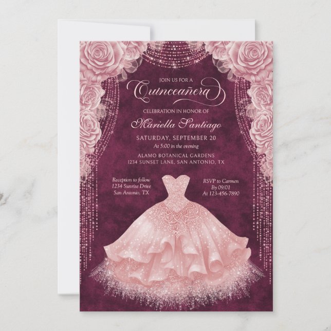 Blush Pink Floral Dress Quinceanera Invitation (Front)