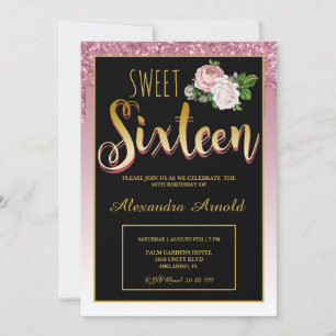 Blush Pink Floral Dripping Glitter Sweet 16 Invitation