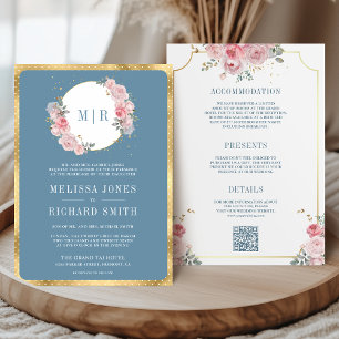 Blush Pink Floral Dusty Blue All in One Wedding Invitation