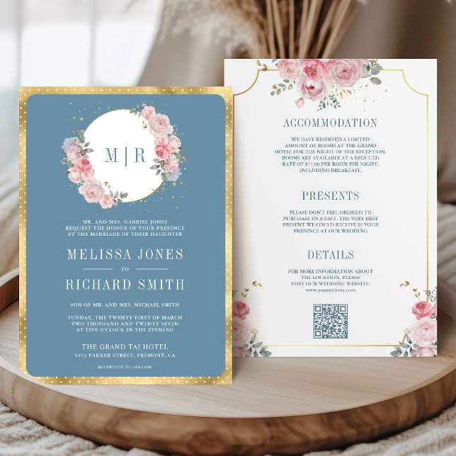 Blush Pink Floral Dusty Blue All in One Wedding Invitation (Creator Uploaded)