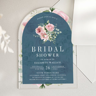 Blush Pink Floral Dusty Blue Bridal Shower Acrylic Invitations