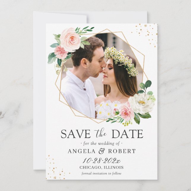 Blush Pink Floral Dusty Blue Gold Geometric Photo Save The Date (Front)