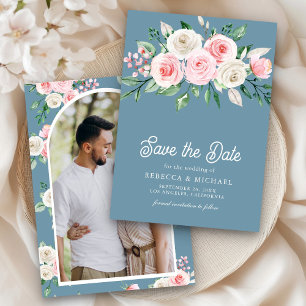 Blush Pink Floral Dusty Blue Photo Wedding Save The Date