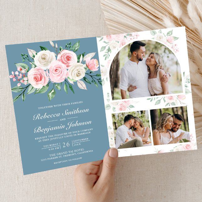 Blush Pink Floral Dusty Blue QR Code Wedding Invitation (Creator Uploaded)