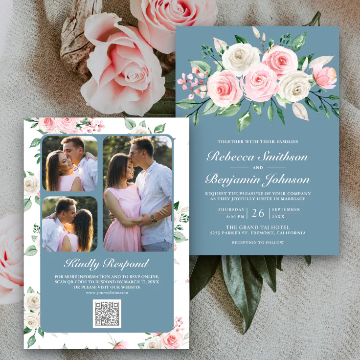 Blush Pink Floral Dusty Blue Qr Code Wedding Invitation Zazzle