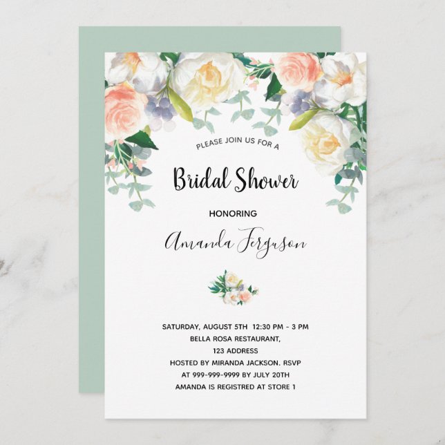 Blush pink floral eacalyptus green bridal shower invitation (Front/Back)
