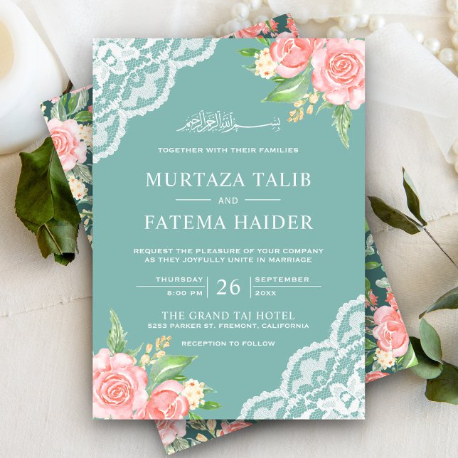 Blush Pink Floral Egg Shell Teal Muslim Wedding Invitation (Creator Uploaded)