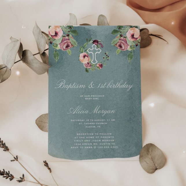 Blush Pink Floral Elegant Baptism First Birthday Invitation (Creator Uploaded)