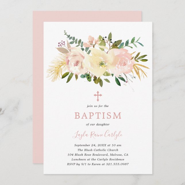 Blush Pink Floral Elegant Baptism Invitation (Front/Back)