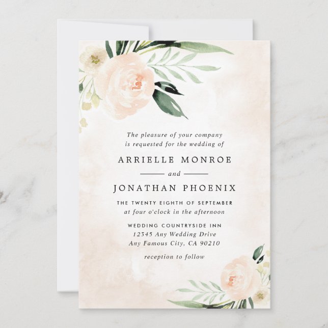 Blush Pink Floral Elegant Champagne Garden Wedding Invitation (Front)