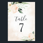 Blush Pink Floral Elegant Champagne Garden Wedding Table Number<br><div class="desc">Design features an airy watercolor splash background in a blush pink or light peachy pink colour with modern black typography. Design also features elegant greenery with watercolor peony and rose flower elements in shades of champagne, vintage gold, ivory, blush pink or light peach. This design is versatile for any wedding...</div>
