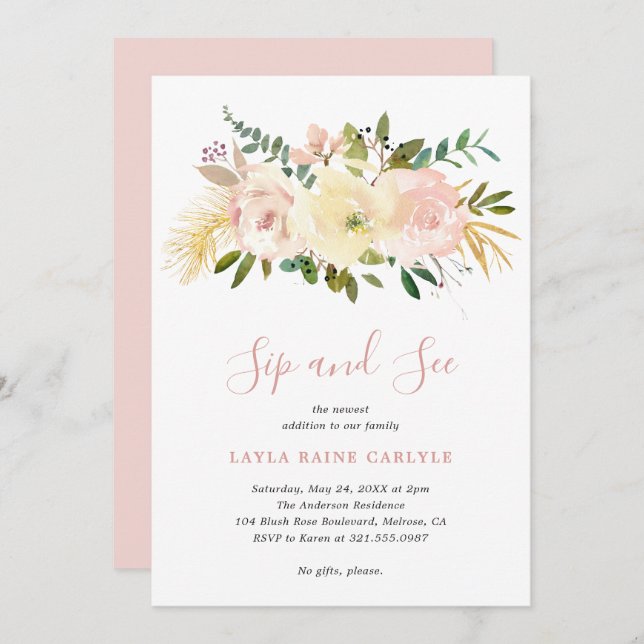 Blush Pink Floral Elegant Sip and See Invitation (Front/Back)