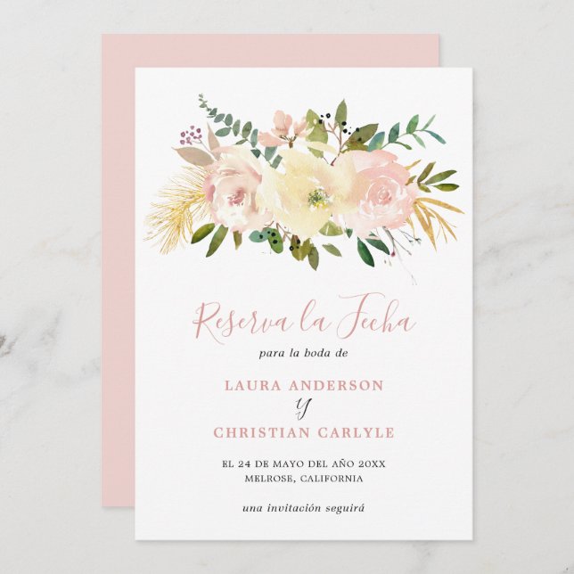 Blush Pink Floral Elegant Spanish Wedding Save The Date (Front/Back)