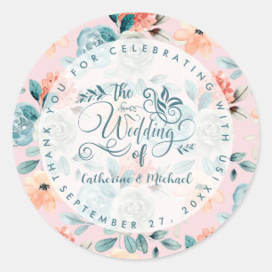 Blush Pink Floral Elegant Wedding Calligraphy  Classic Round Sticker