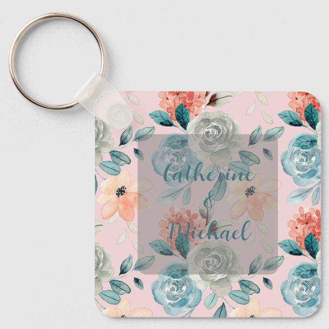 Blush Pink Floral Elegant Wedding Calligraphy  Key Ring (Front)