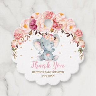 Blush Pink Floral Elephant Baby Shower Birthday  Favour Tags