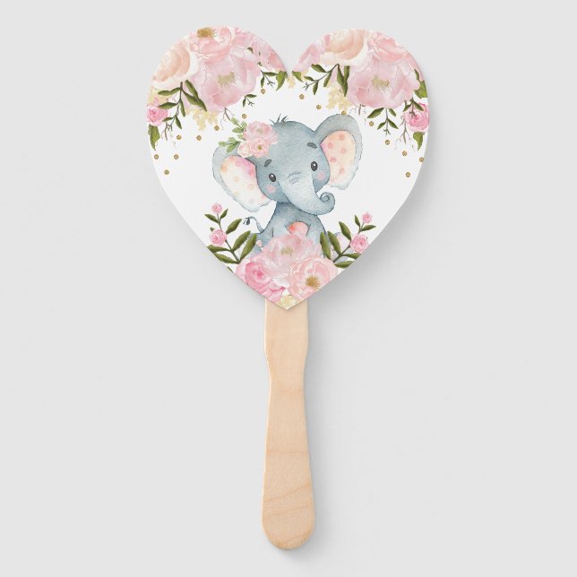 Blush Pink Floral Elephant Baby Shower Birthday Hand Fan (Front)