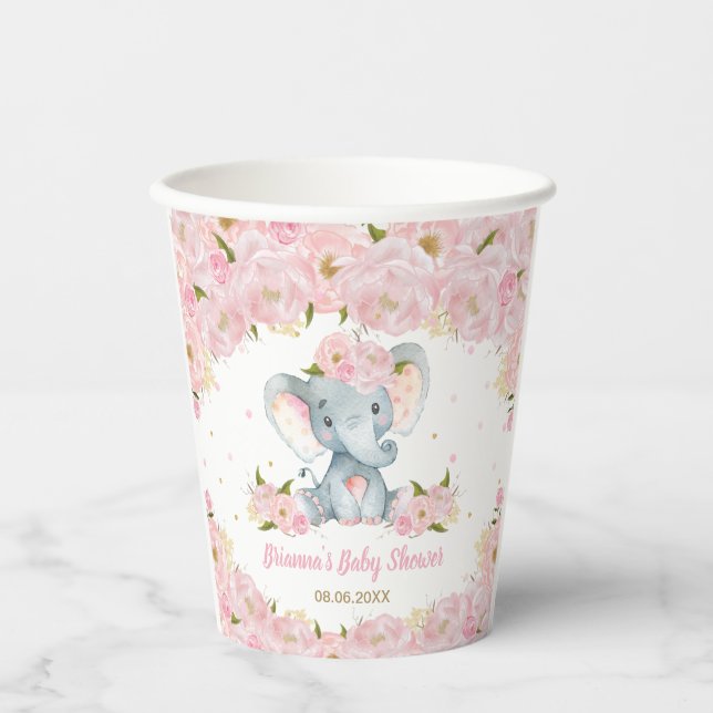 Blush Pink Floral Elephant Baby Shower Birthday  Paper Cups (Front)