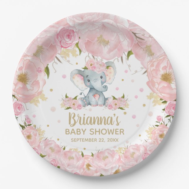 Blush Pink Floral Elephant Baby Shower Birthday Paper Plate (Front)