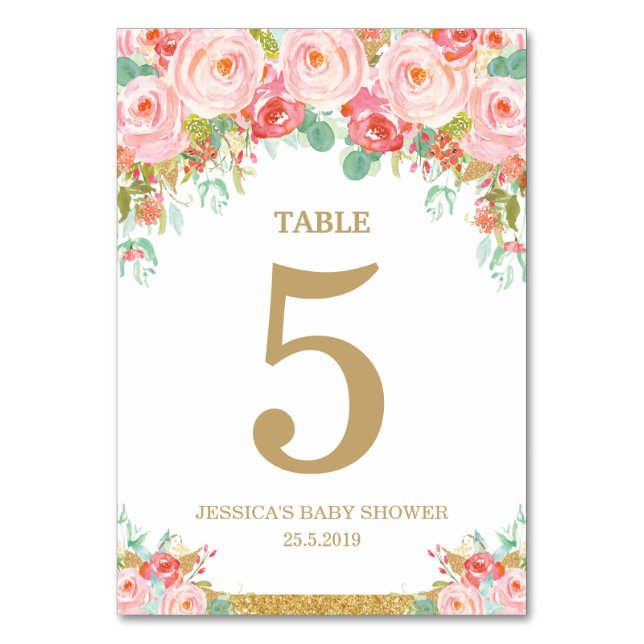 Blush Pink Floral Elephant Baby Shower Girl Table Number (Front)