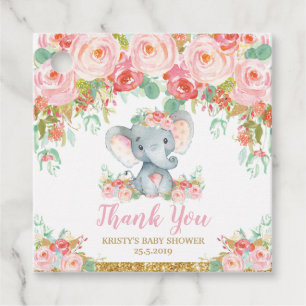 Blush Pink Floral Elephant Baby Shower Thank You Favour Tags
