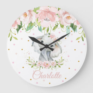 Blush Pink Floral Elephant Girl Nursery Large Clock