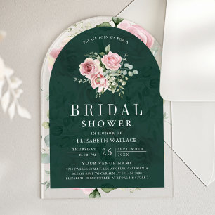 Blush Pink Floral Emerald Green Bridal Shower Acrylic Invitations
