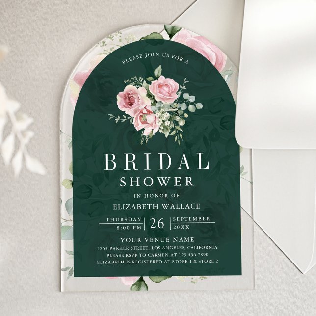 Blush Pink Floral Emerald Green Bridal Shower Acrylic Invitations (Creator Uploaded)