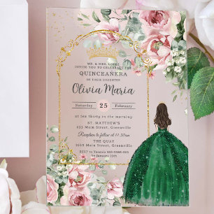 Blush Pink Floral Emerald Quinceañera Sweet 16 15 Acrylic Invitations
