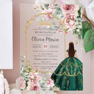 Blush Pink Floral Emerald Quinceañera Sweet 16 15 Acrylic Invitations