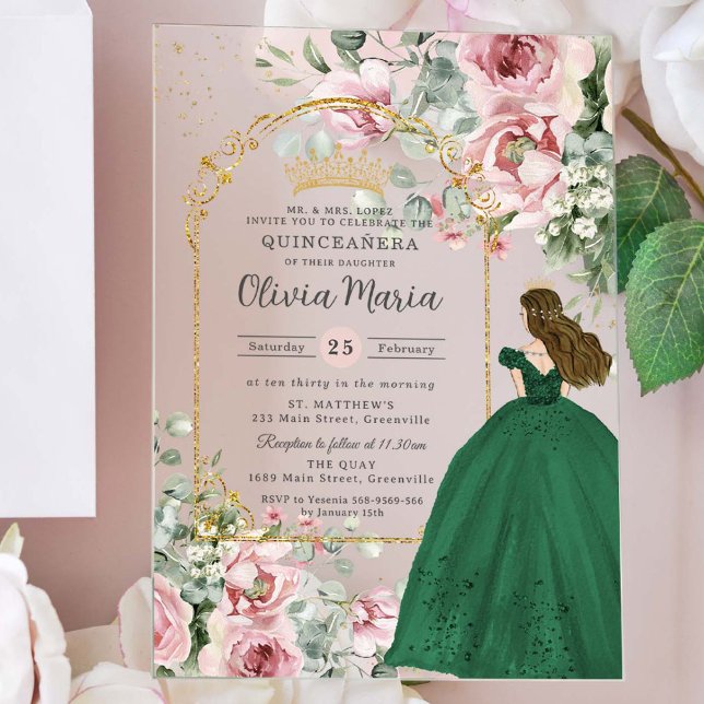 Blush Pink Floral Emerald Quinceañera Sweet 16  Acrylic Invitations (Creator Uploaded)