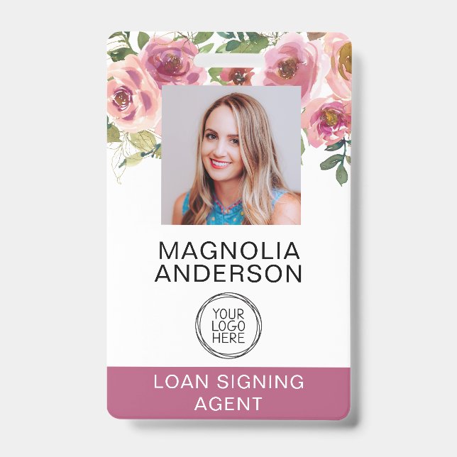 Blush Pink Floral Employee Photo Logo Barcode  ID Badge (Front)