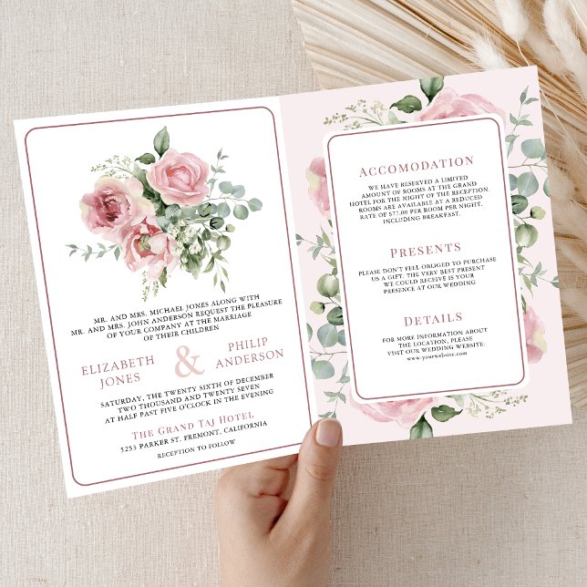 Blush Pink Floral Eucalyptus All in One Wedding Invitation (Creator Uploaded)