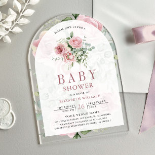 Blush Pink Floral Eucalyptus Baby Shower Acrylic Invitations