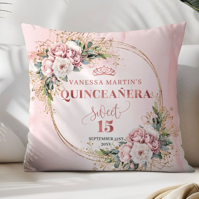 Blush Pink Floral Eucalyptus Best Gift Sweet 15th Cushion (Blush Pink Floral Eucalyptus Best Gift Sweet 15 Pillow)