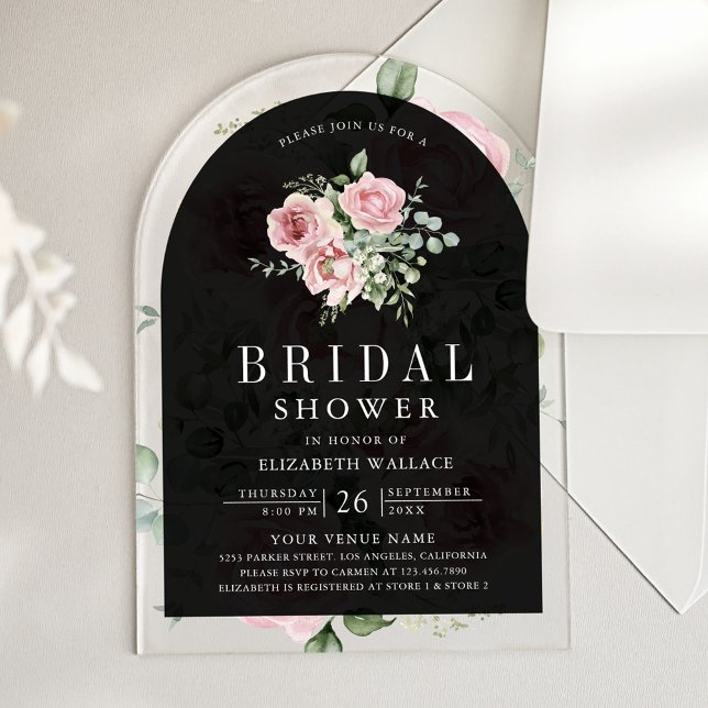 Blush Pink Floral Eucalyptus Black Bridal Shower Acrylic Invitations (Creator Uploaded)