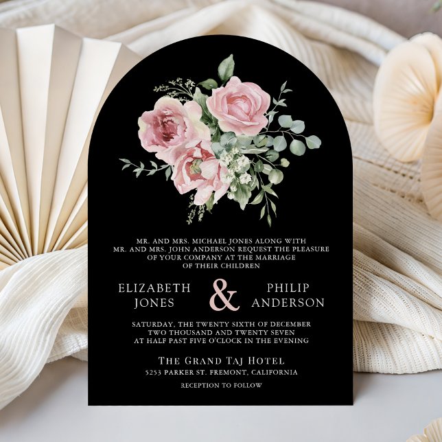 Blush Pink Floral Eucalyptus Black QR Code Wedding Invitation (Creator Uploaded)